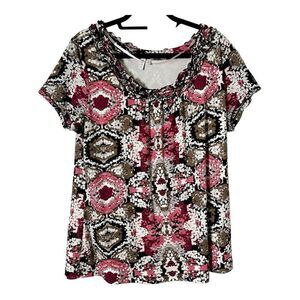 Madison Woman Short Sleeve Multicolor Ruffle Detail Strech Blouse Size 2X